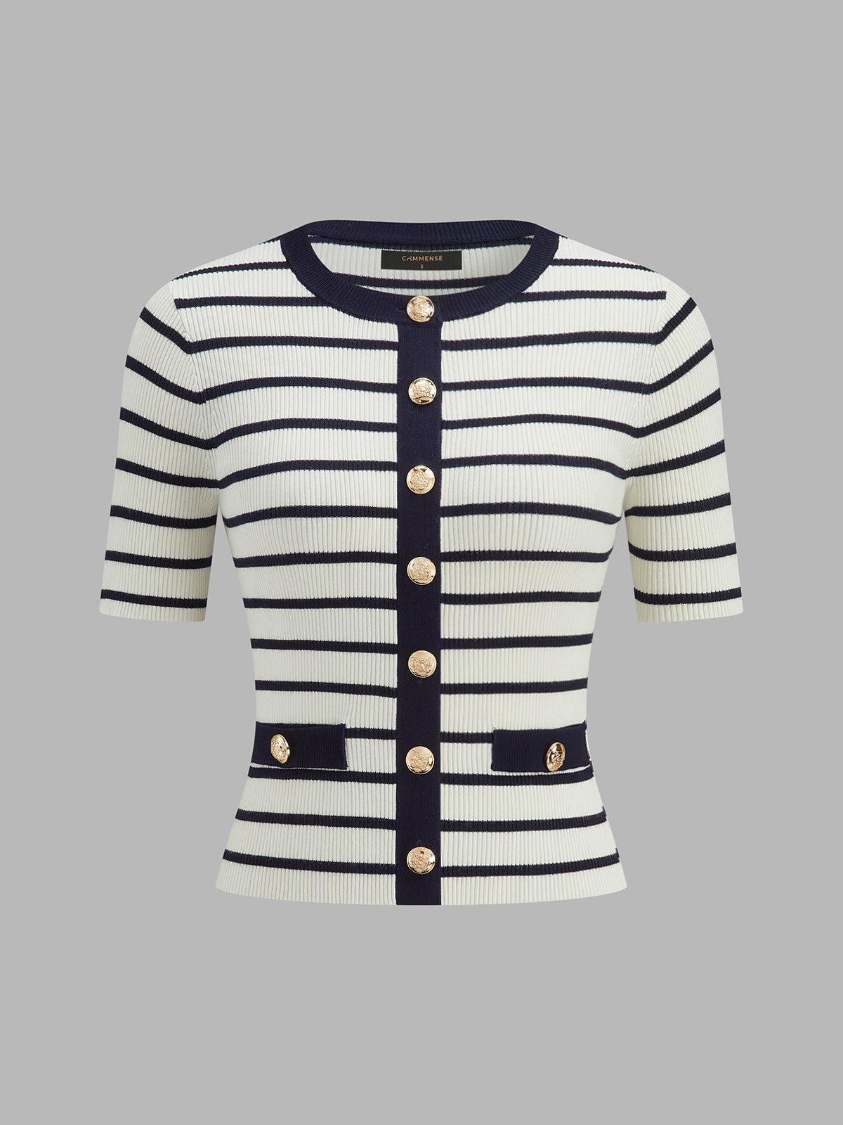 Striped Metal Button Short Sleeve Ribbed Knit Top for Women Casual Wear