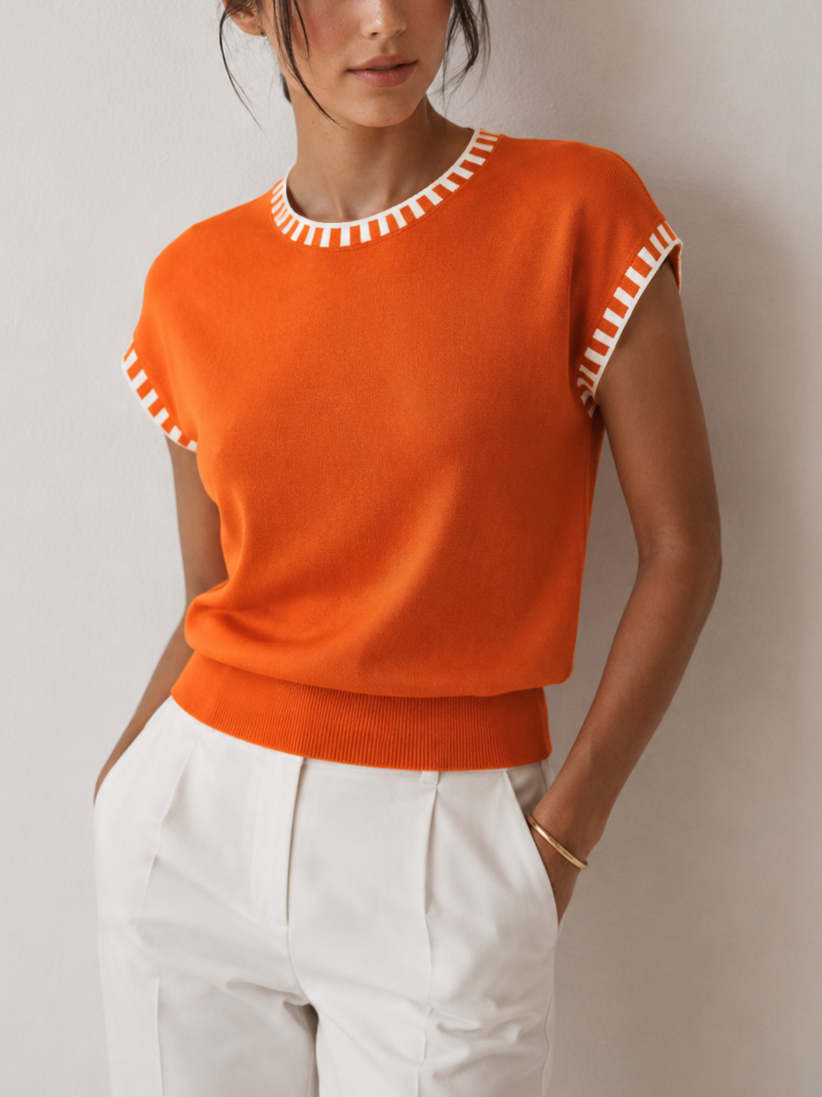 Contrast Trim Cap Sleeve Knit Top for Women Casual Wear