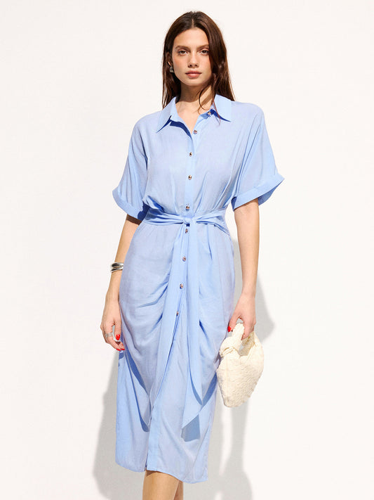 Tie-Waist Short Sleeve Maxi Shirt Dress for Women Casual Summer
