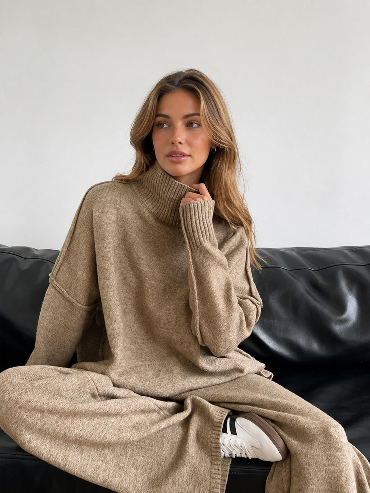 Plain Turtleneck Knit Pants Set for Women Comfortable Winter Lounge Wear