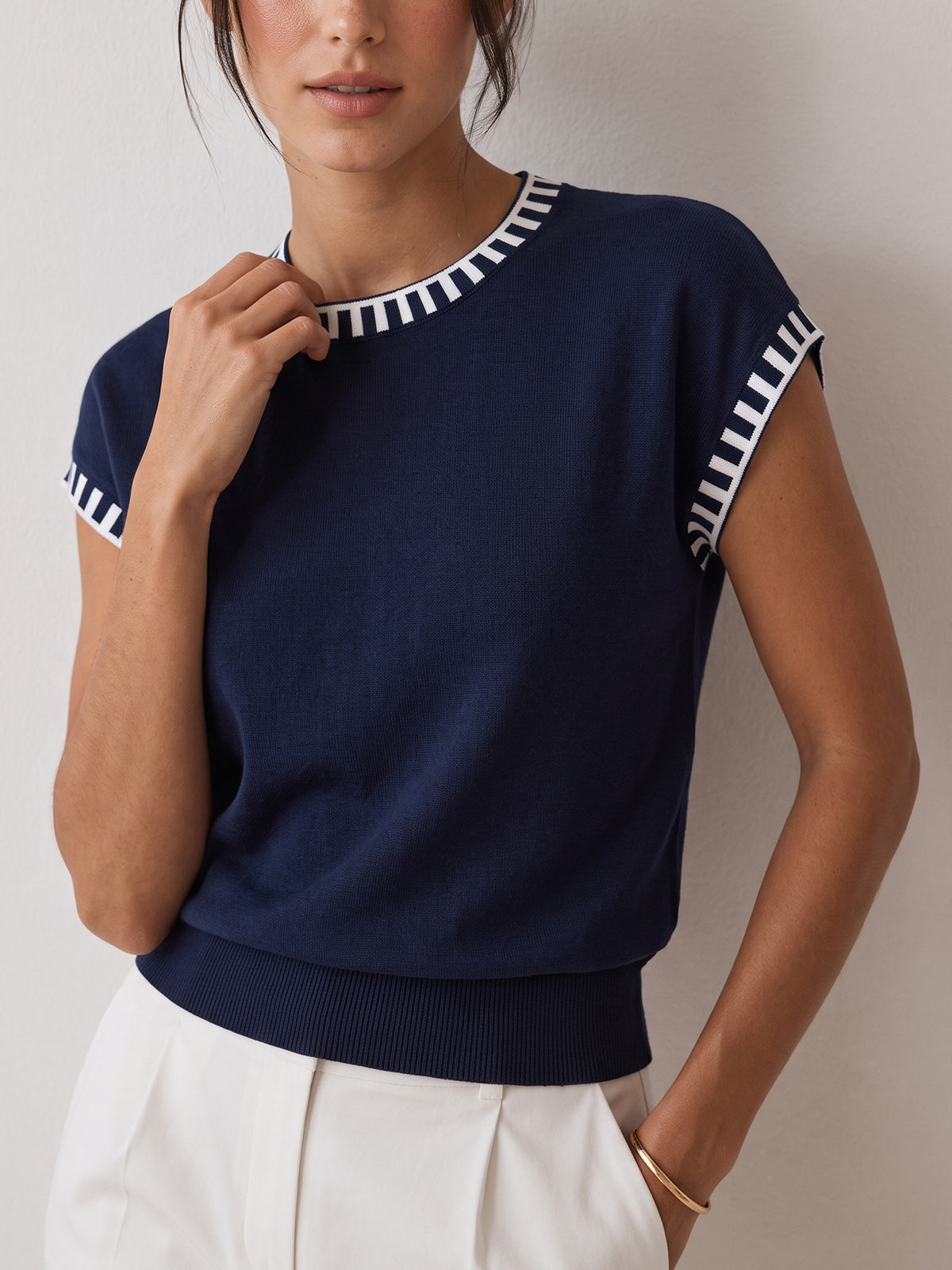 Contrast Trim Cap Sleeve Knit Top Casual Women's Everyday Wear