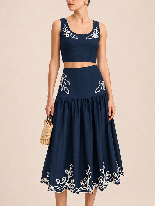 Embroidered Cotton Linen Top & Midi Skirt Set for Women's Summer Wear