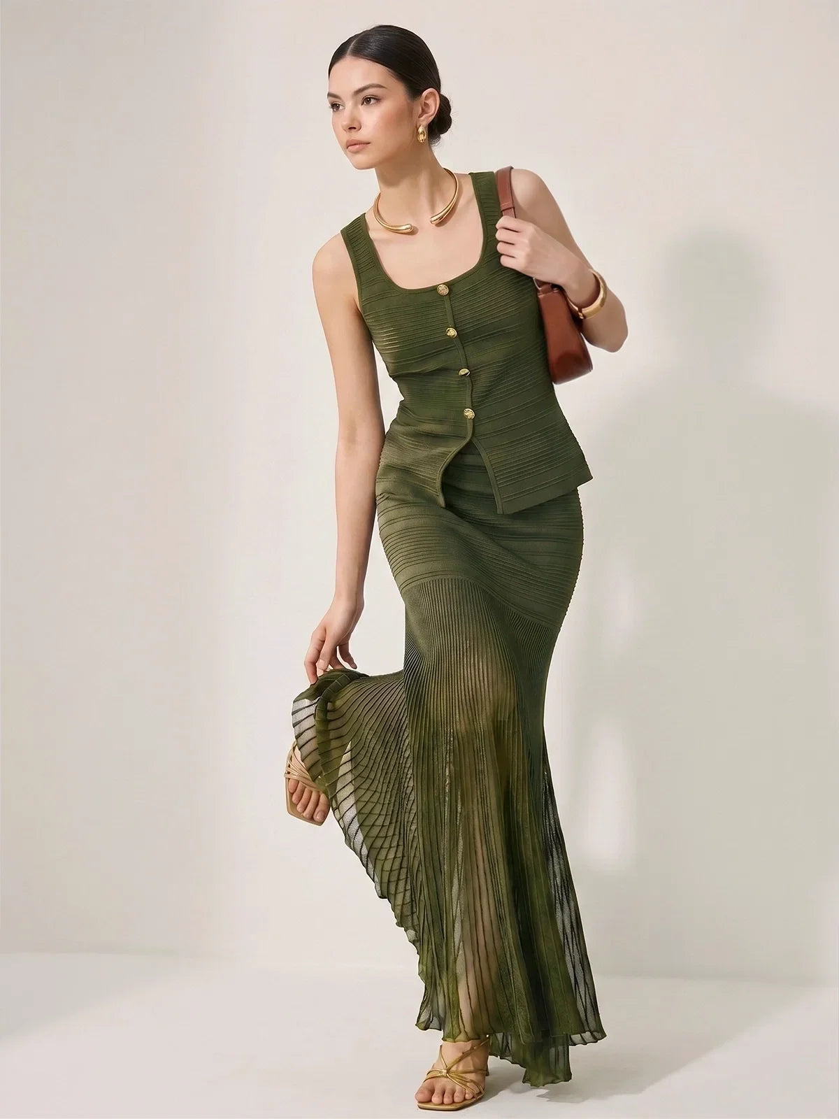 Textured Knit Top & Sheer Mermaid Skirt Set for Elegant Evenings