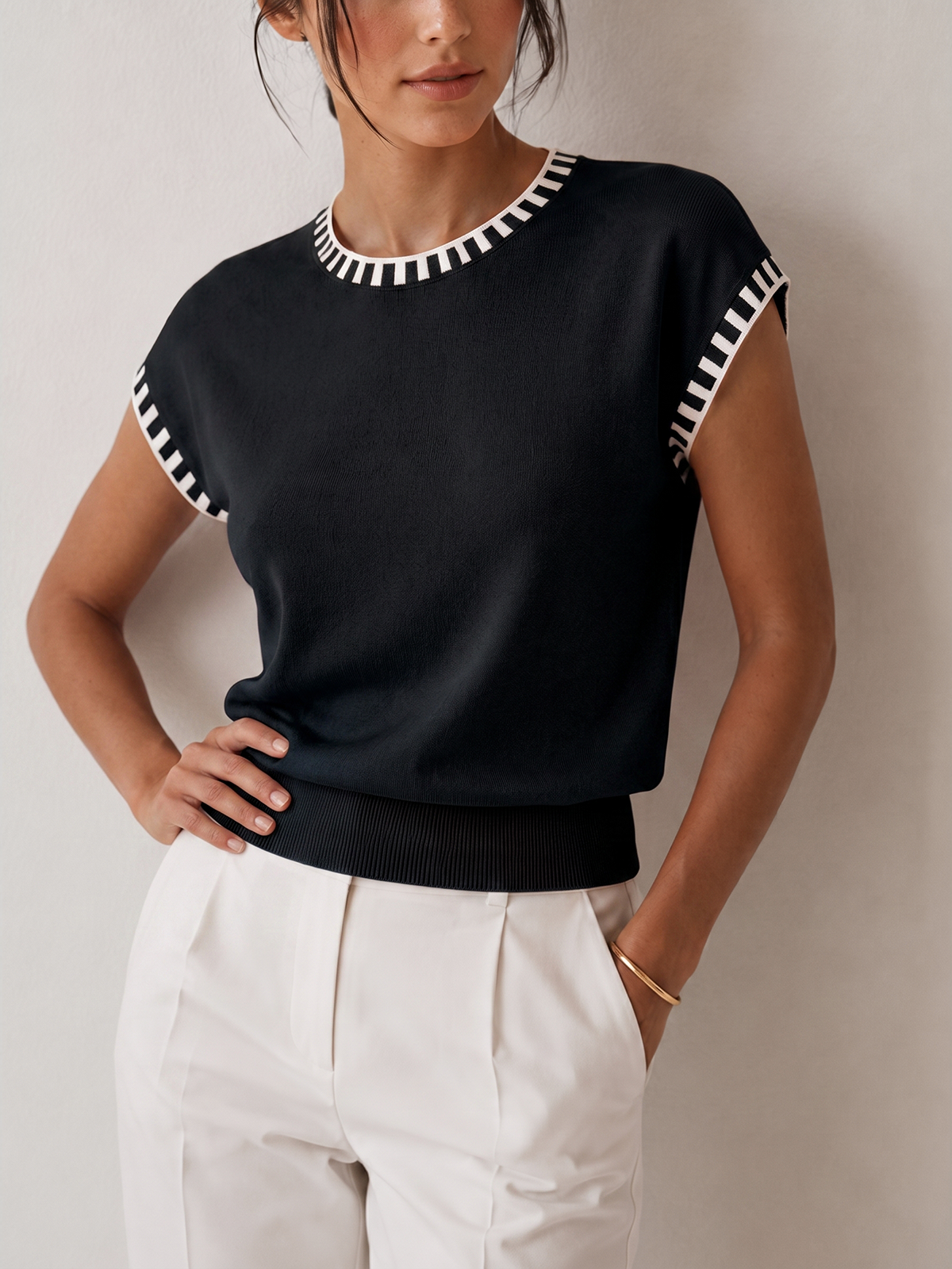 Contrast Trim Cap Sleeve Knit Top for Women Casual Wear