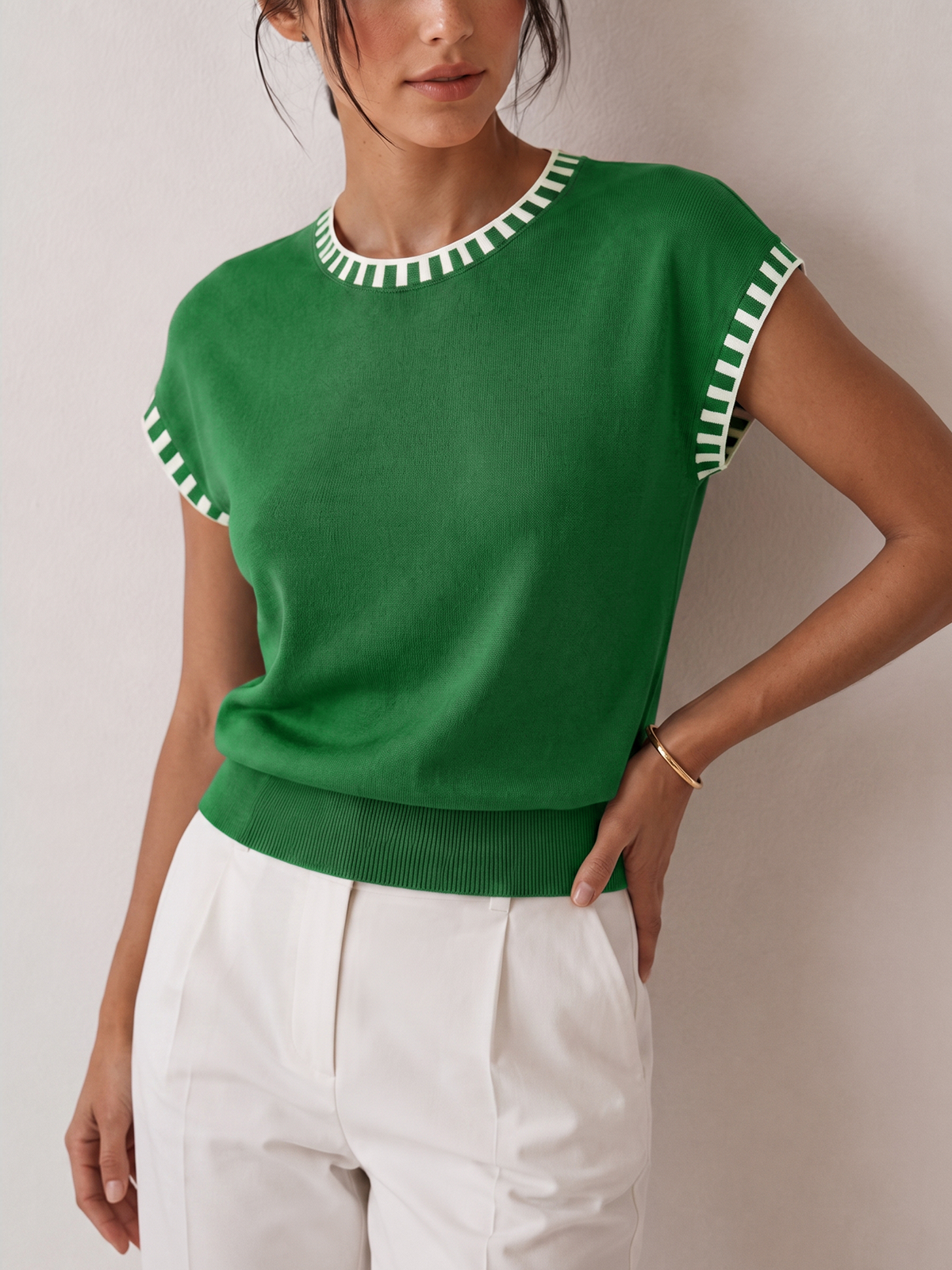 Contrast Trim Cap Sleeve Knit Top Casual Women's Everyday Wear
