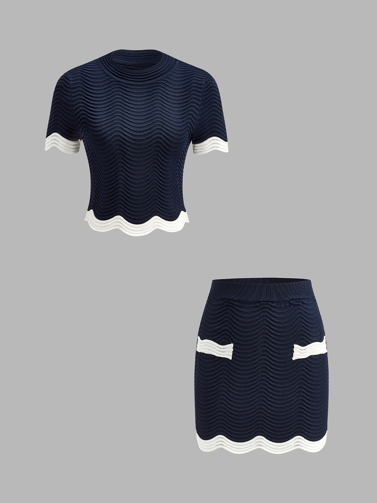 Contrast Trim Wavy Knit Stylish Two Piece Skirt Set Perfect for Summer