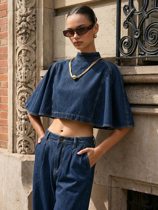 Cape Sleeve Back Zipper Cropped Denim Top Women's Fashion Blouse