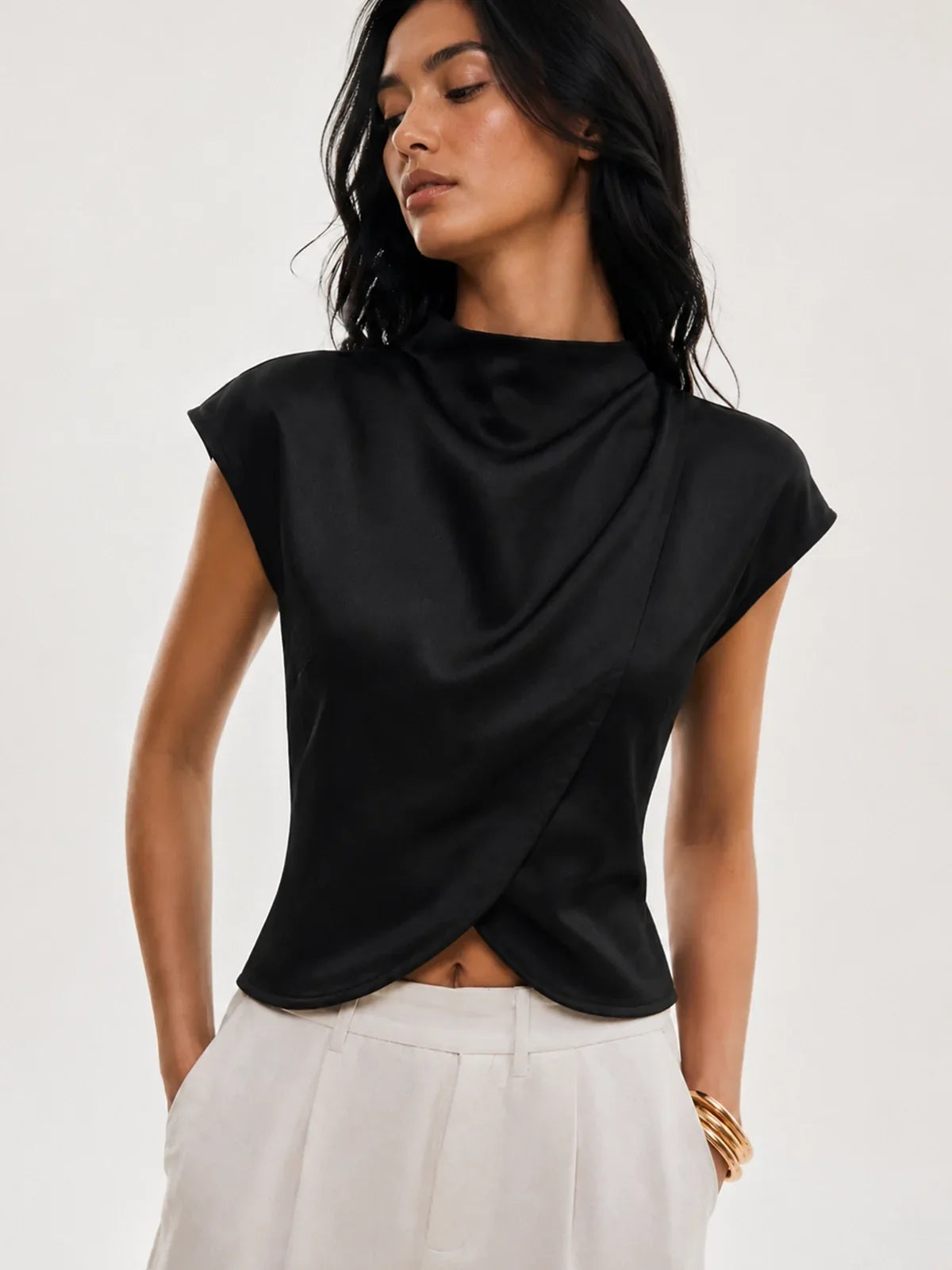 Draped Satin Cap Sleeve Blouse Elegant Women's Fashion Top
