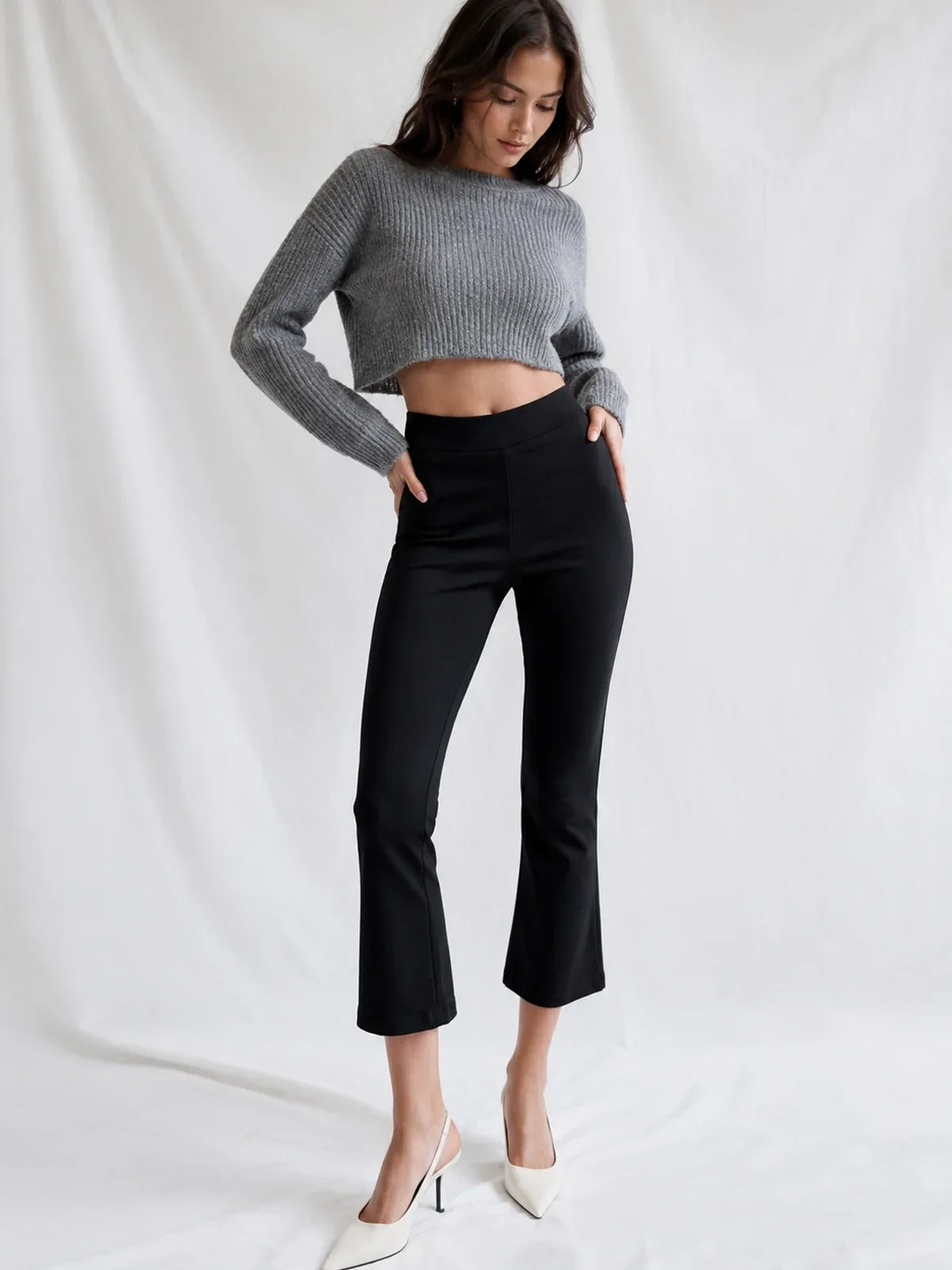Stretchy Mid Waist Flared Capri Pants for Women Casual Wear