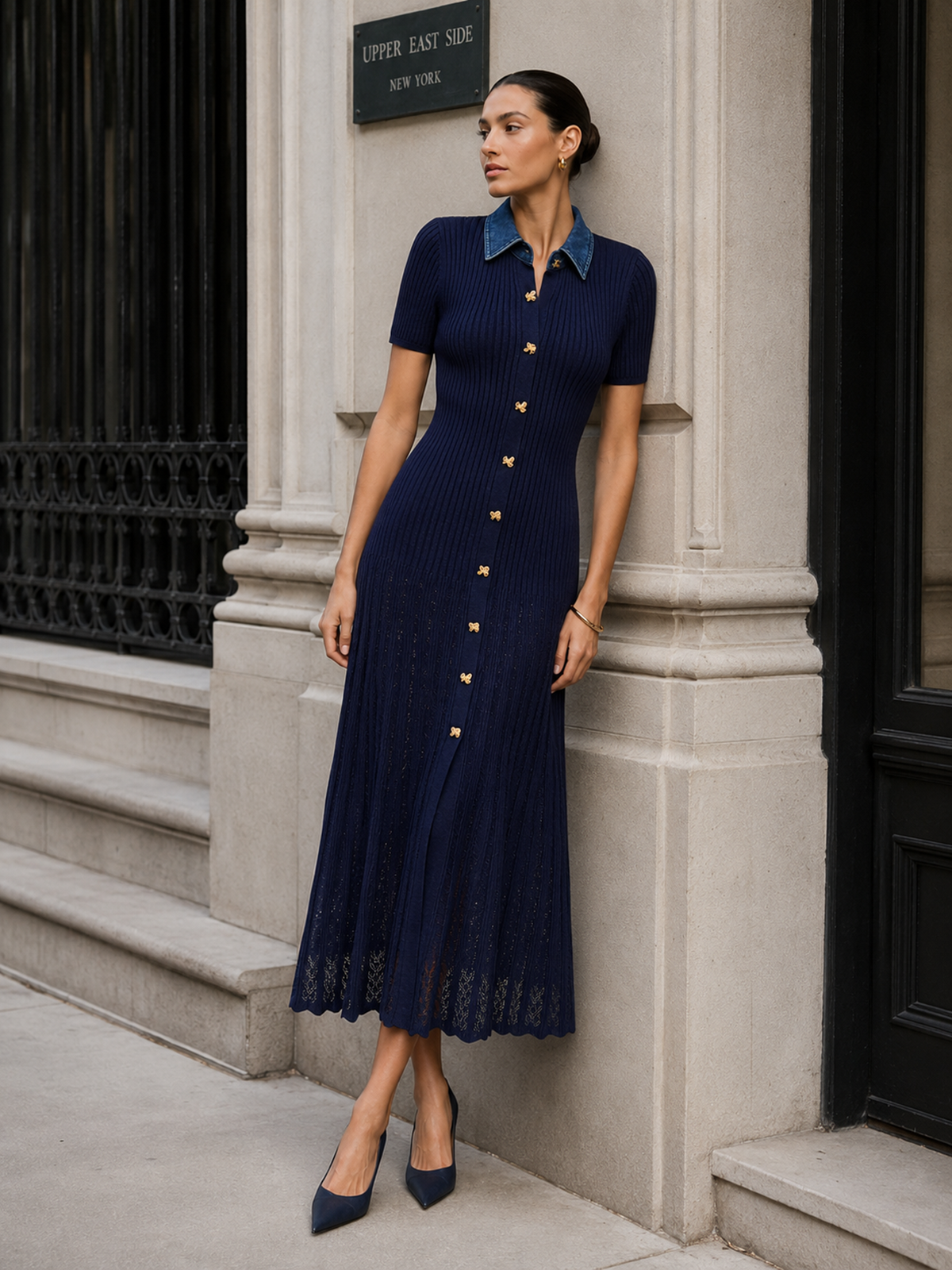 Denim Collar Ribbed Knit Maxi Dress Comfortable Full-Length Sleeveless Style