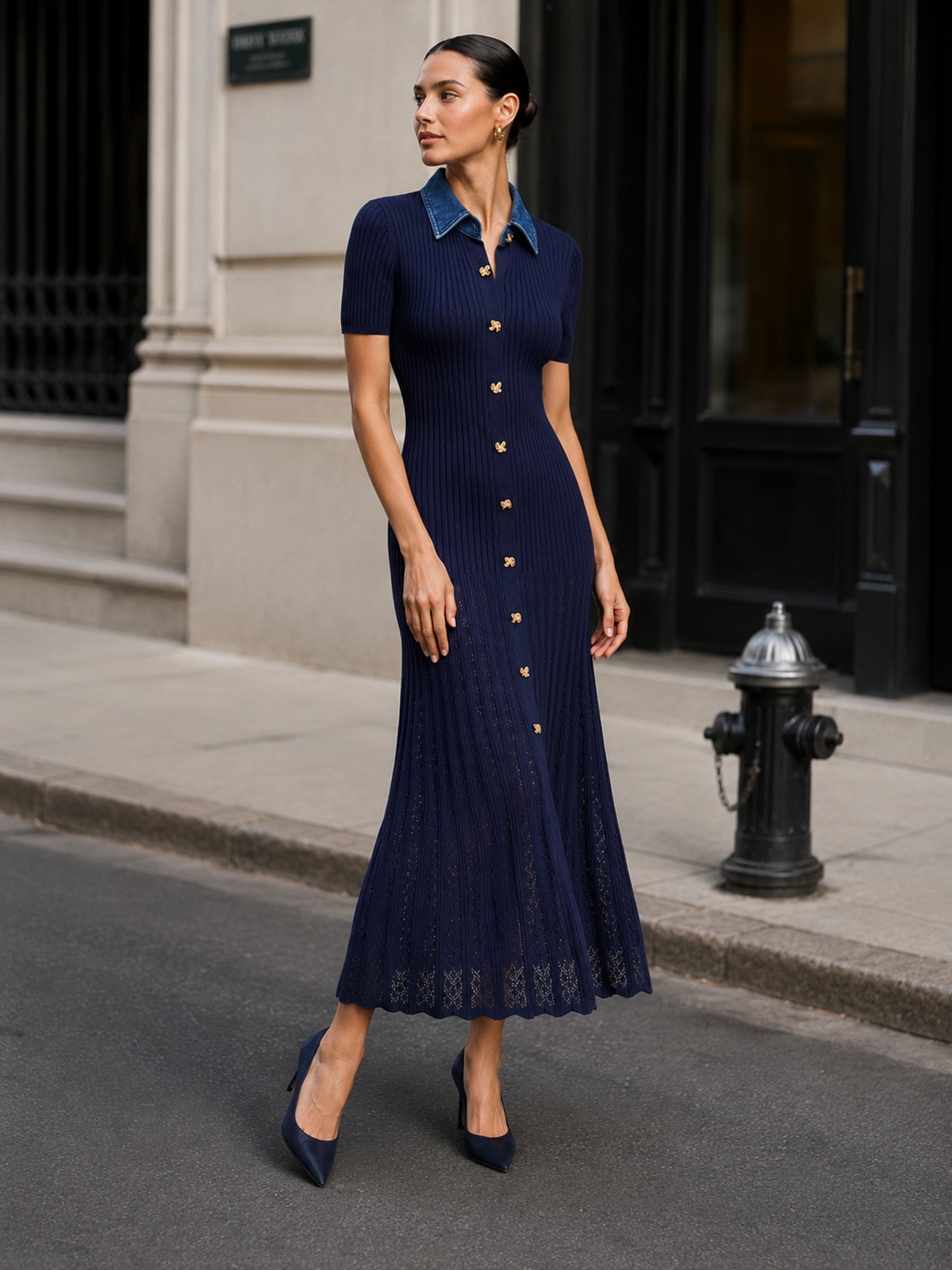 Denim Collar Ribbed Knit Maxi Dress for Women Comfort Fit
