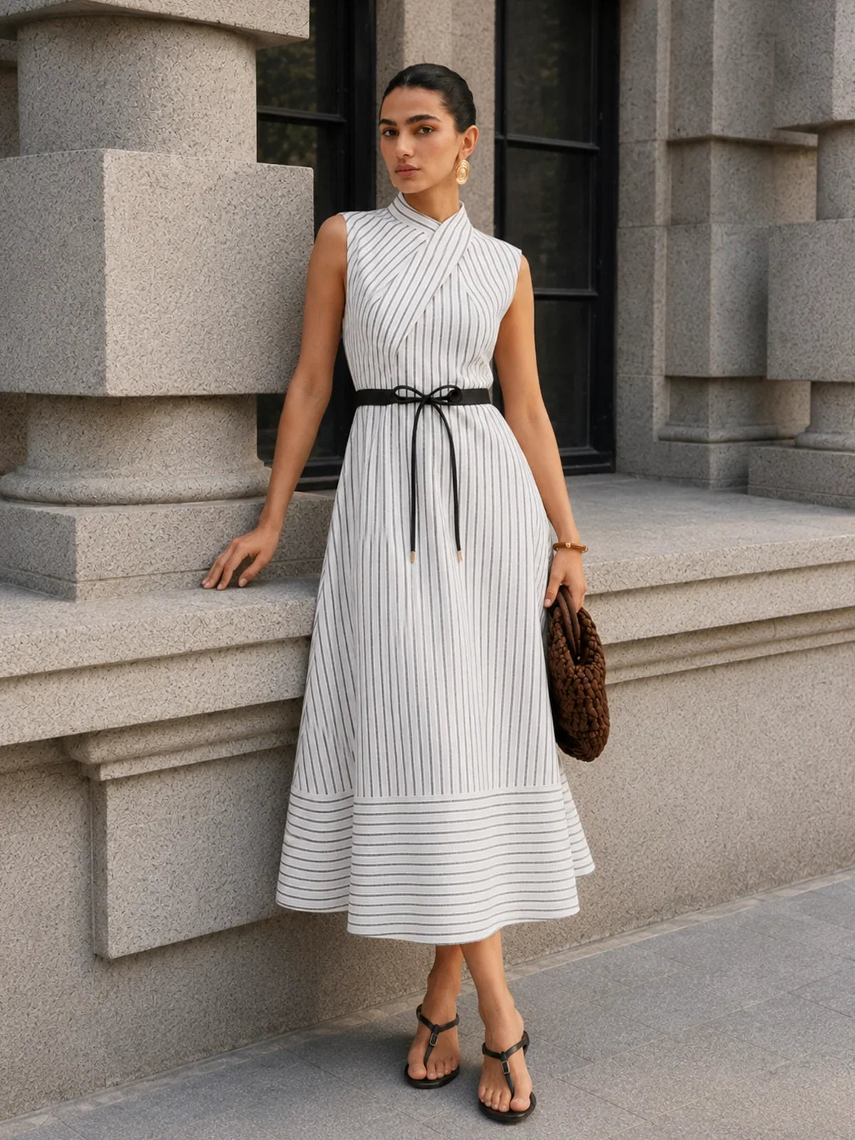 Wrap Collar Striped Belted Midi Dress with Pockets and Sleeve Options