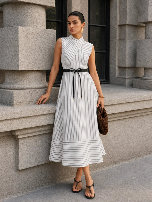 Wrap Collar Striped Belted Midi Dress with Pockets and Sleeve Options