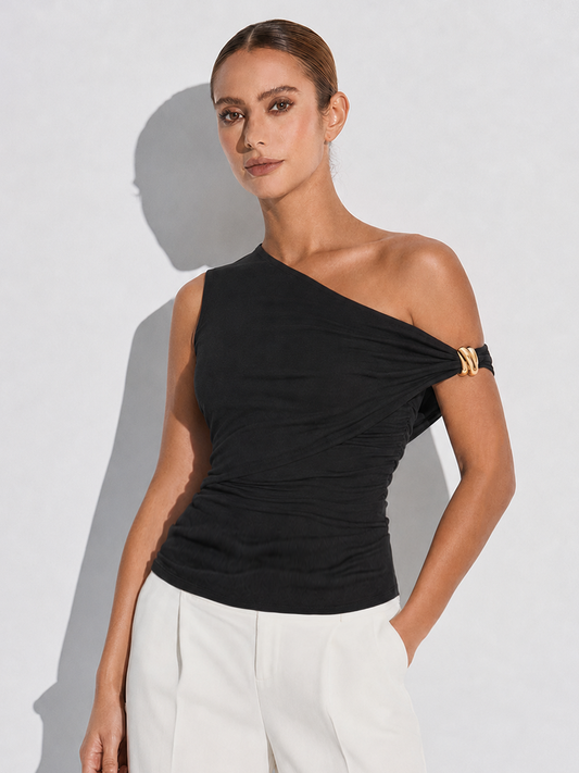 One Shoulder Ruched Metal Ring Tank Top for Women Casual Style