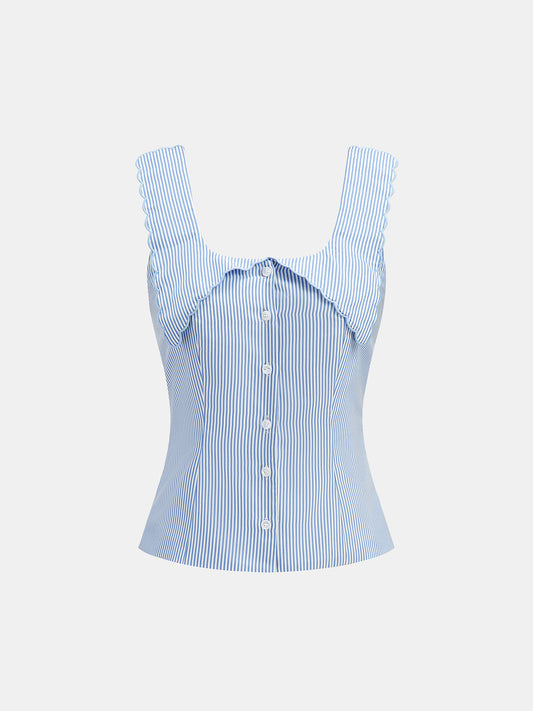 Scalloped Edge Striped Fold Over Tank Top with Adjustable Straps