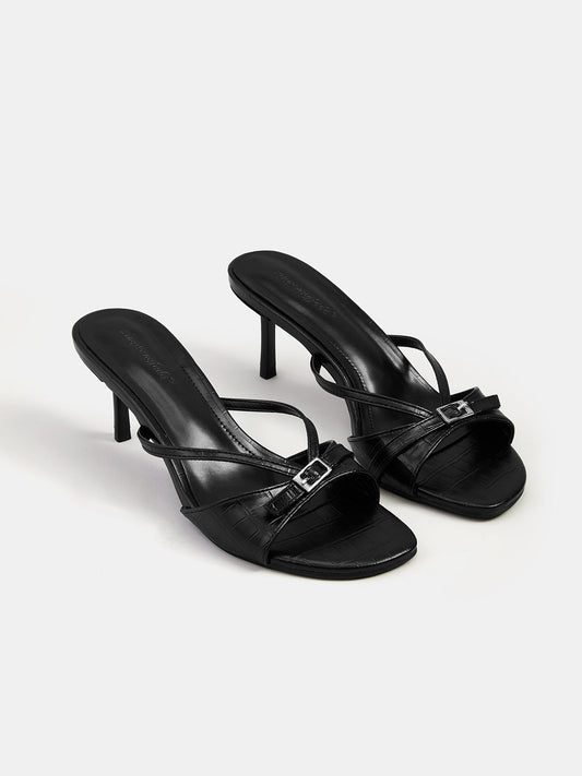 Buckle Detail Open Toe Stiletto Sandals with Ankle Strap Closure