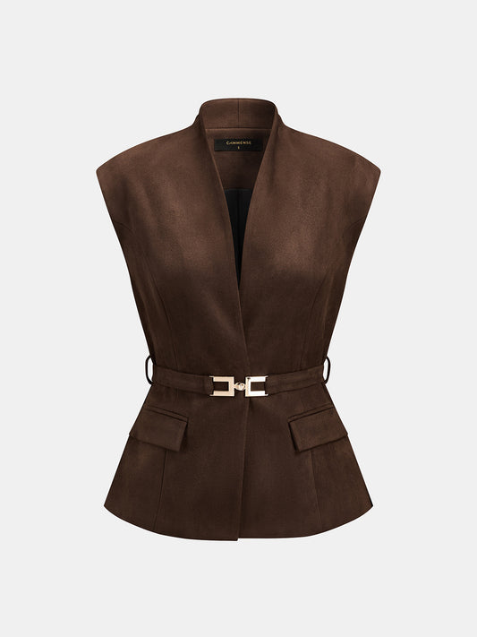 Suede Effect Stand Collar Belted Vest with Adjustable Waist Tie