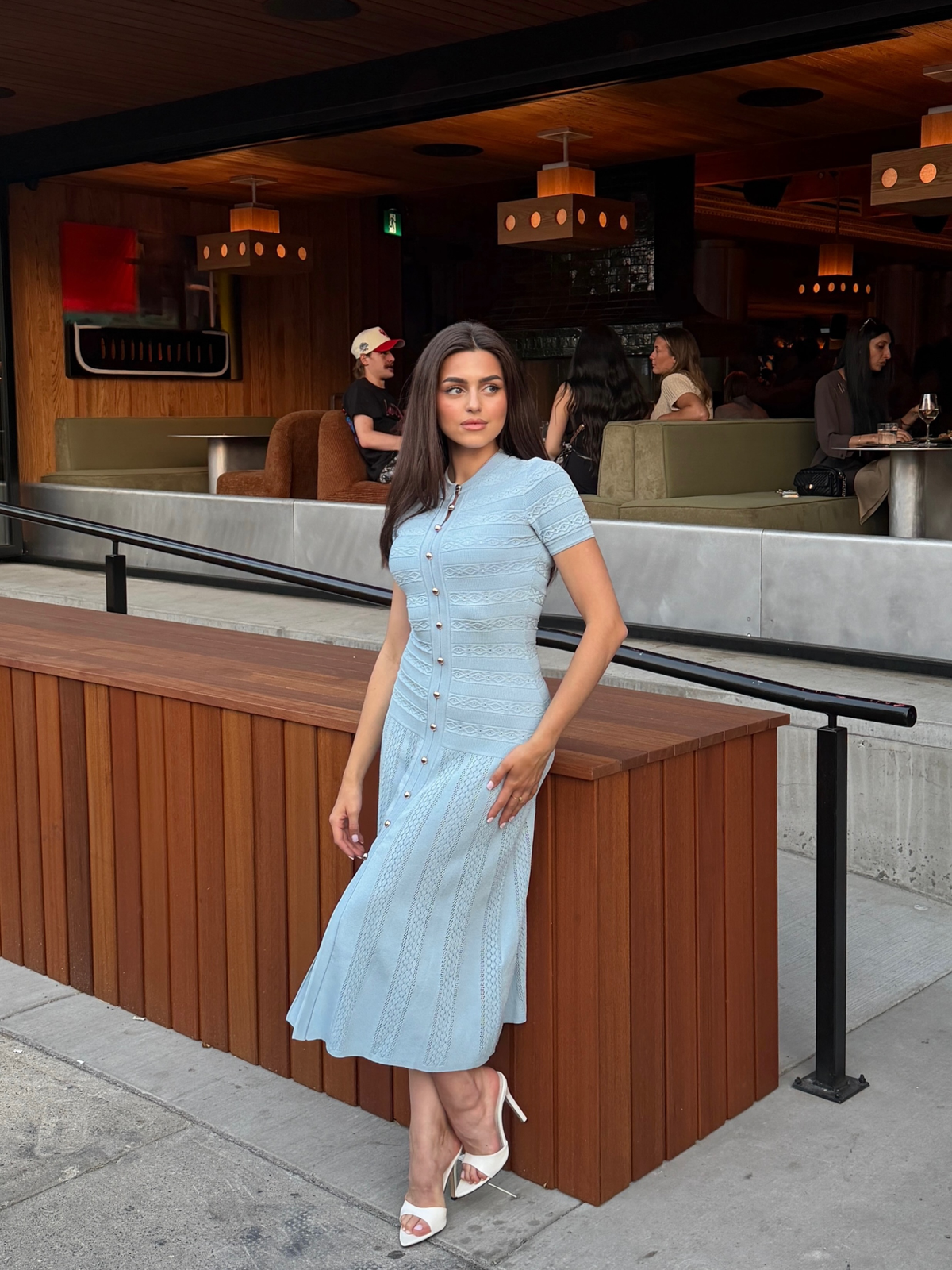 Short Sleeve Textured Knit Midi Dress for Women with Side Slits