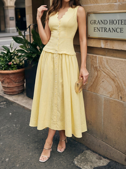 Button Front Sleeveless Cotton Linen Midi Dress for Women Summer Casual
