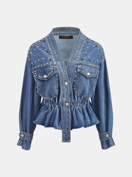 Studded Cinched Peplum Denim Jacket Women's Fashion Outerwear