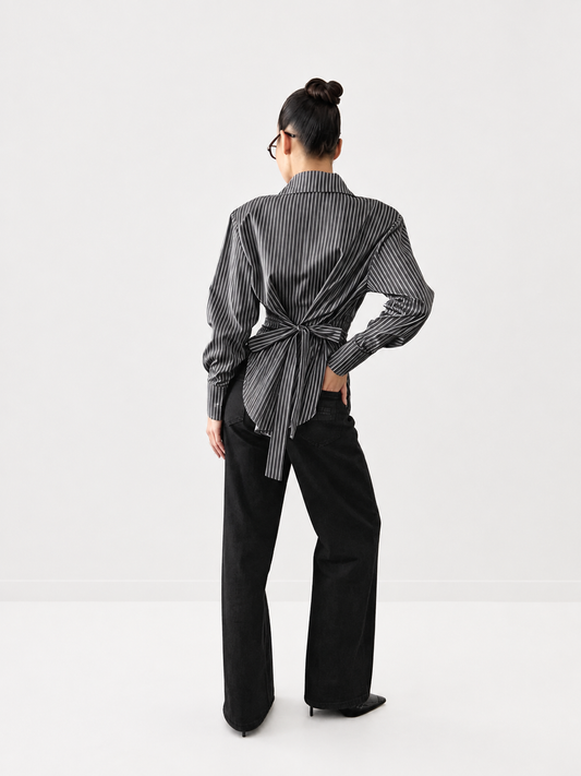 Striped Tie-Back Cotton Long Sleeve Shirt for Women Casual Fit