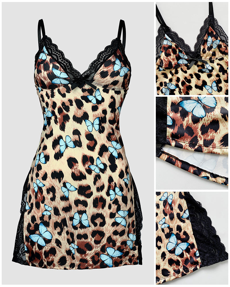A tan leopard print sleep dress with blue butterflies, black lace trim, and bowknot detail.