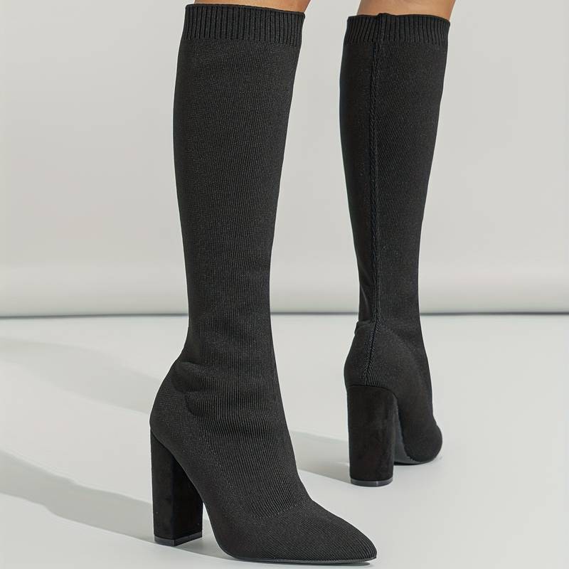 Haskella | Women’s Knee‑High Sock Boots – Stretch Knit & Block Heel
