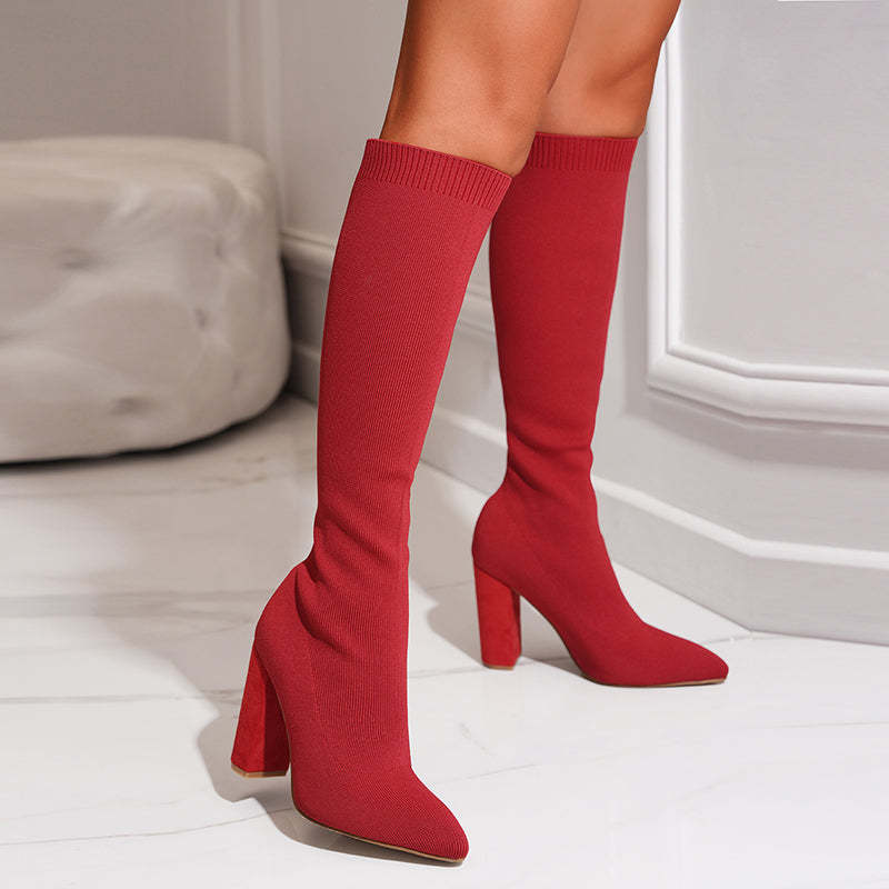 Haskella | Women’s Knee‑High Sock Boots – Stretch Knit & Block Heel
